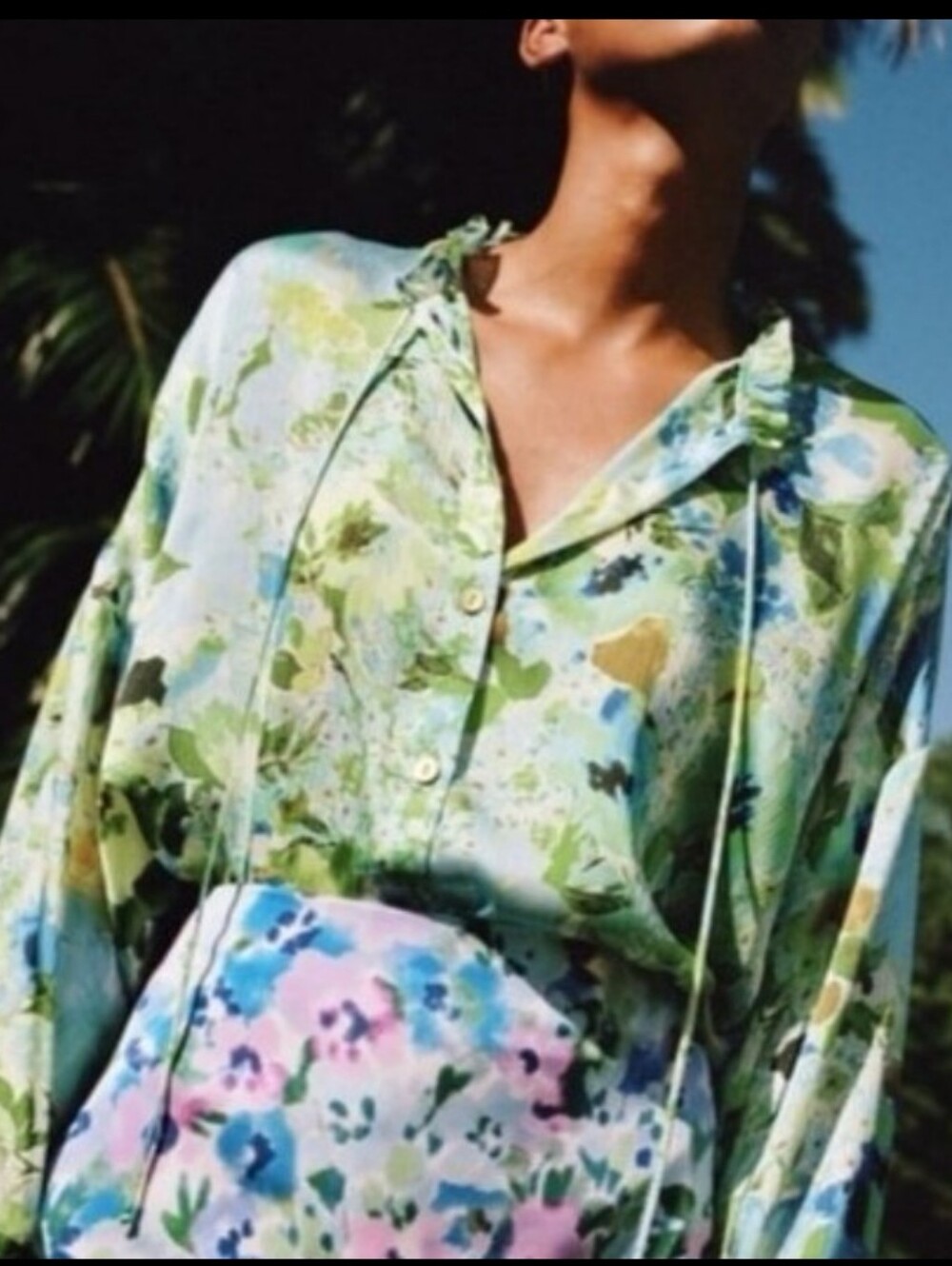 Zara Loose Fit Green Floral Satin Button-Front Blouse Large